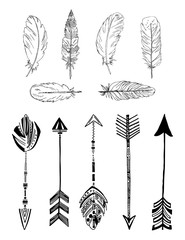 Rustic Ethnic boho style feathers and arrows. Vintage vector set.