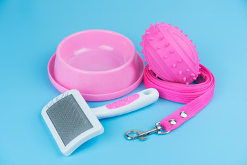 Toy of pink with leashes, brush and bowl for pet on blue background.  Pet accessories concept