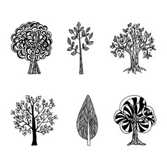 Vector a set of hand-drawn trees.  Tattoo style illustration.