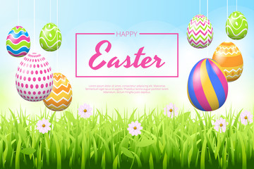 Happy easter background template with beautiful flowers, grass and eggs. Greeting Card. Vector illustration
