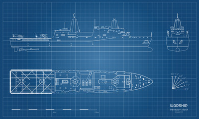Outline blueprint of military ship. Top, front and side view. Battleship model. Industrial isolated drawing of boat. Warship USS