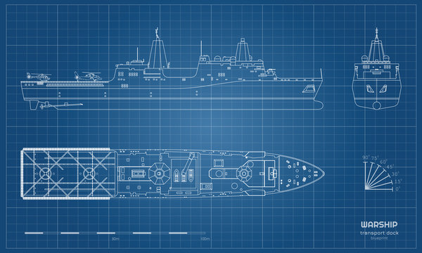 Outline blueprint of military ship. Top, front and side view. Battleship model. Industrial isolated drawing of boat. Warship USS
