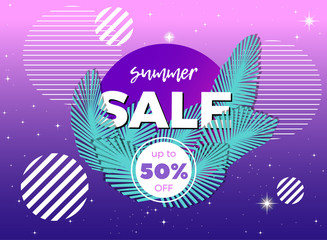Vector banner with palm leaves and striped circles. Summer sale abstract illustration.