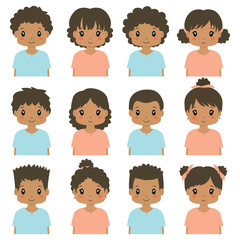 Cute African American children avatar vector collection. Boys and girls half body vector with different hairstyle