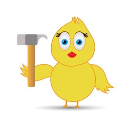 chick holding hammer in hand and ready to start work