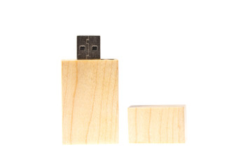 Wooden case USB drive isolated on white background