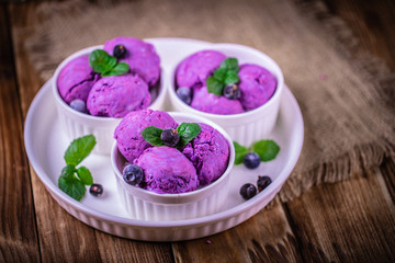 Scoops of blueberry ice cream on a white ceramic plate