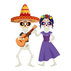 Obraz na płótnie Canvas skeleton of katrina and mariachi playing guitar characters