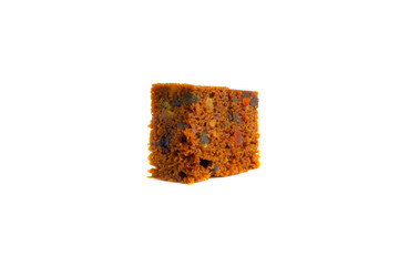 Fruitcake isolated on white background with selective focus