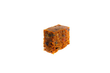 Fruitcake isolated on white background with selective focus