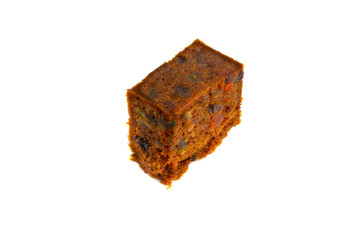 Fruitcake isolated on white background with selective focus