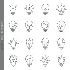 Light bulb icons collection in modern thin line style isolated on white background. Set of 16 outline bulb vector icons for web site, graphic design and mobile apps.