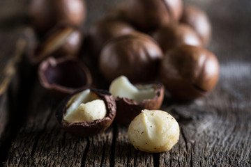 Macadamia nuts on a wooden table