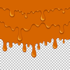Orange sticky liquid seamless element. Realistic dripping slime isolated object. Dessert background with oozing honey. Popular kids sensory game. Gold caramel flowing repeatable vector illustration