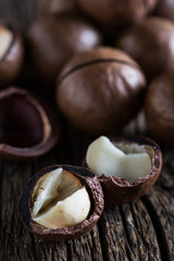 Macadamia nuts on a wooden table