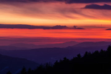 Trees silhouettes against a beautifully colored sky at dusk, with mountains layers in the background
