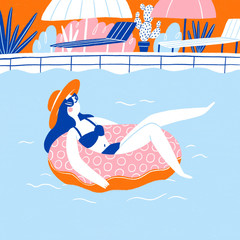 Illustration of a girl relaxing in the swimming pool
