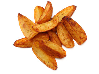 Fried potato wedges isolated on white background. top view. Fast food.