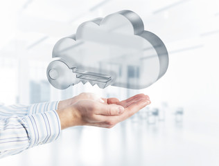 Computer and internet security concept presented by icon in male palm. Mixed media