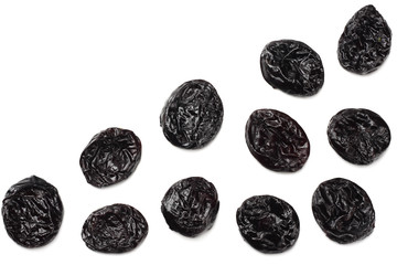 Dried plums - prunes isolated on white background. top view