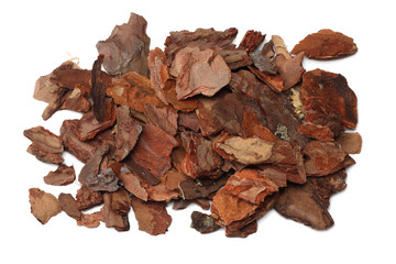 Tree bark pieces isolated on white background. top view