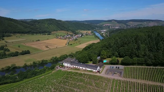 Aerial view of the vineyard estate Saarstein near Serrig, Saar River, Saar Valley near Saarburg, Rhineland-Palatinate, Germany, Europe
