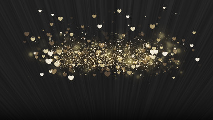 Black background, digital signature with sparkling heart-shaped particles and areas with deep depths Particles are light lines