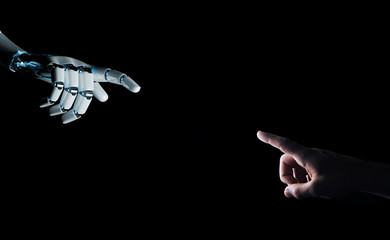 Robot hand making contact with human hand on dark background 3D rendering