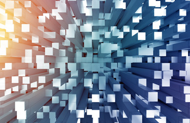 Glowing black blue and orange squares background pattern 3D rendering