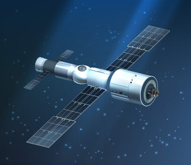Vector illustration of international space station orbiting on starry background