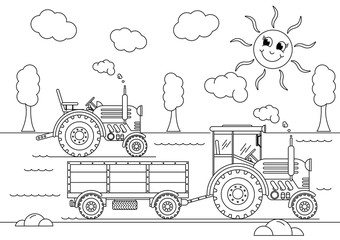 Two tractors in the countryside - coloring book