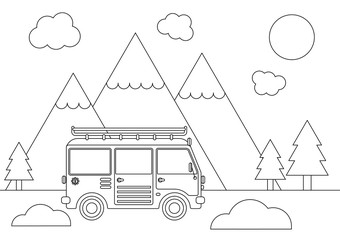 Vector illustration of a retro van in landcape - coloring book