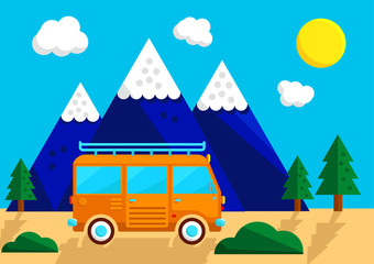 Vector color illustration of a retro van in landcape