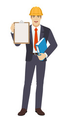 Businessman in construction helmet holding the clipboard and folder. Full length portrait of businessman in a flat style. Vector illustration.