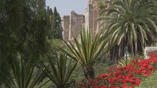 View of the walls of Alcazaba from Jardines de Pedro Luis Alonso, Malaga, Andalucia, Spain, Europe
