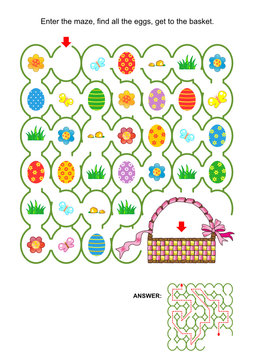 Easter egg hunt themed maze game with basket, painted eggs, fresh green grass, flowers. Answer included.
