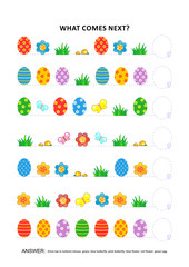 Easter themed educational logic game training sequential pattern recognition skills: What comes next in the sequence? Answer included.
