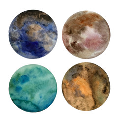Set of colorful planets isolated on white background. Watercolor hand drawn abstract planet balls magic art work illustration. Colorful abstract geometric round shape sphere disc disk.
