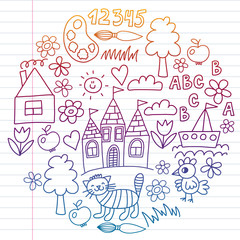 Fototapeta premium Kindergarten pattern, drawn kids garden elements pattern, doodle drawing, vector illustration, colorful, white, gradient.