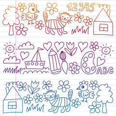 Fototapeta premium Kindergarten pattern, drawn kids garden elements pattern, doodle drawing, vector illustration, colorful, white, gradient.