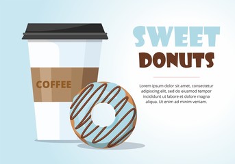 Donut and  and take away coffee on blue background.  - 246333934