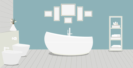 Fototapeta na wymiar Provencal style bathroom with a fashionable bath,toilet, bidet, toilet paper,vase with snowdrops,a rack for towels and cosmetics, paintings on blue wall. Wooden planks on the floor.Vector illustration