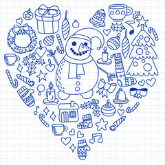 Vector set of Christmas, holiday icons in doodle style. Painted, drawn with a pen, on a sheet of checkered paper on a white background.