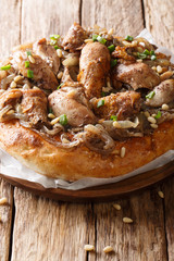 Chicken with sumac and onions with flat bread taboo close-up on a plate. Vertical