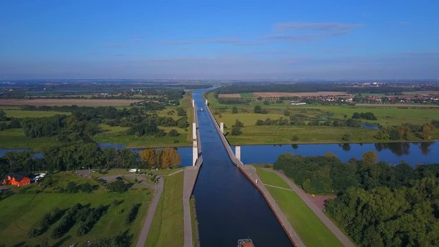 Aerial view of the crossing of Mittelland Channel and Elbe River near Magdeburg, Saxony-Anhalt, Germany