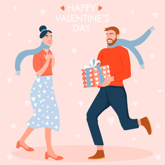 Valentine's day card with happy couple. Man giving to his woman a gift box. Vector illustration.