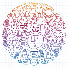 Fototapeta premium Vector set of Christmas, holiday icons in doodle style. Painted, colorful, gradient, on a sheet of checkered paper on a white background.