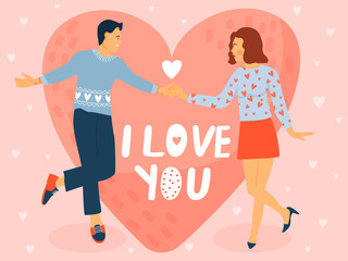Valentine's day greeting card with dancing couple. Man and his girlfriend in love. Vector illustration.