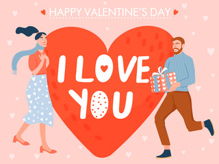 Valentine's day card with happy couple. Man giving to his woman a gift box. Vector illustration.