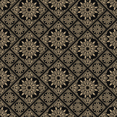 Seamless pattern oriental ornament. Black and golden textile print. Islamic vector design. Floral tiles.